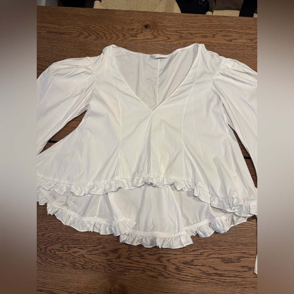 Caroline Constas White Ruffle Hem Puff Sleeve Blouse (Fits Like Small)